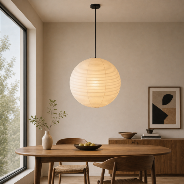 Akari handcrafted washi paper globe pendant light with black cord