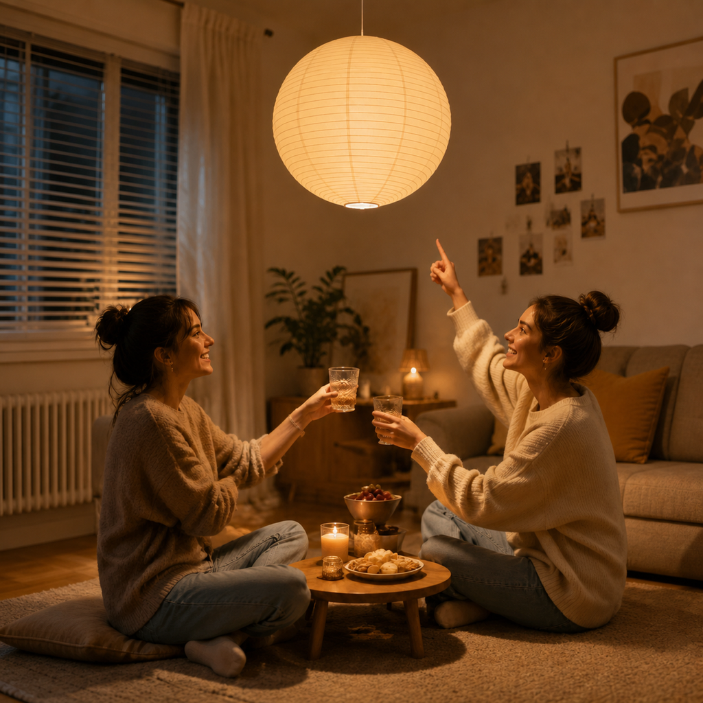 Akari paper globe pendant light above a cozy living room gathering