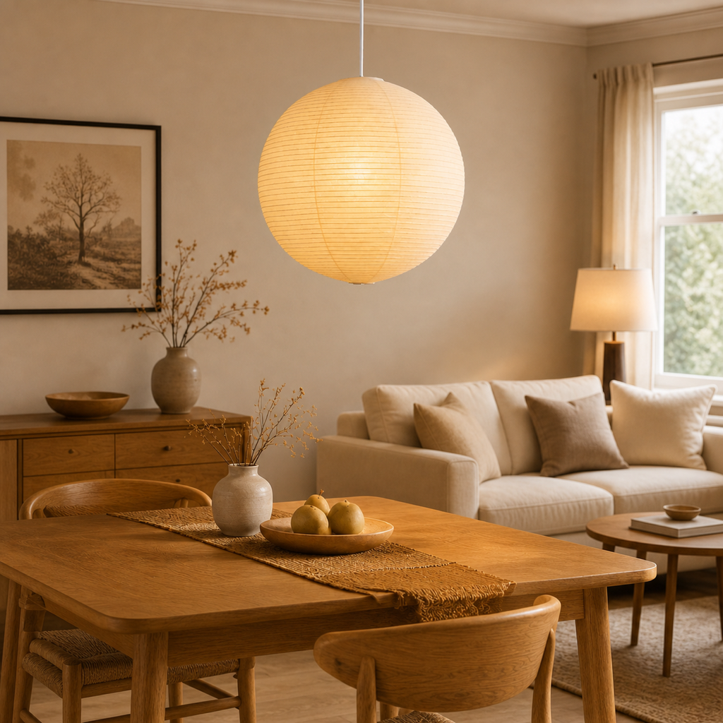 Akari washi paper pendant light in a warm living and dining room