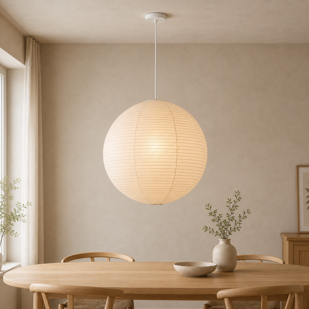 Akari handcrafted washi paper globe pendant light with white cord