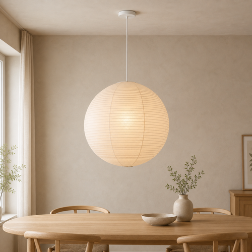 Akari handcrafted washi paper globe pendant light with white cord