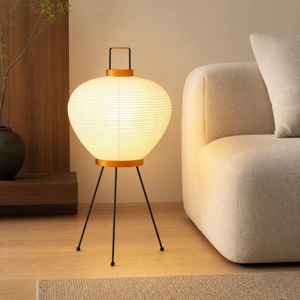 Akari Model 3A Japanese paper lantern floor lamp in a warm Japandi interior