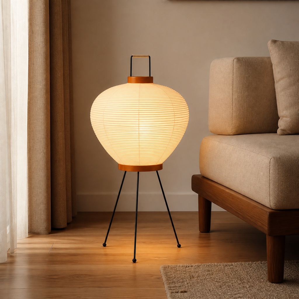 Akari Model 3A Japanese paper lantern floor lamp in a modern living room