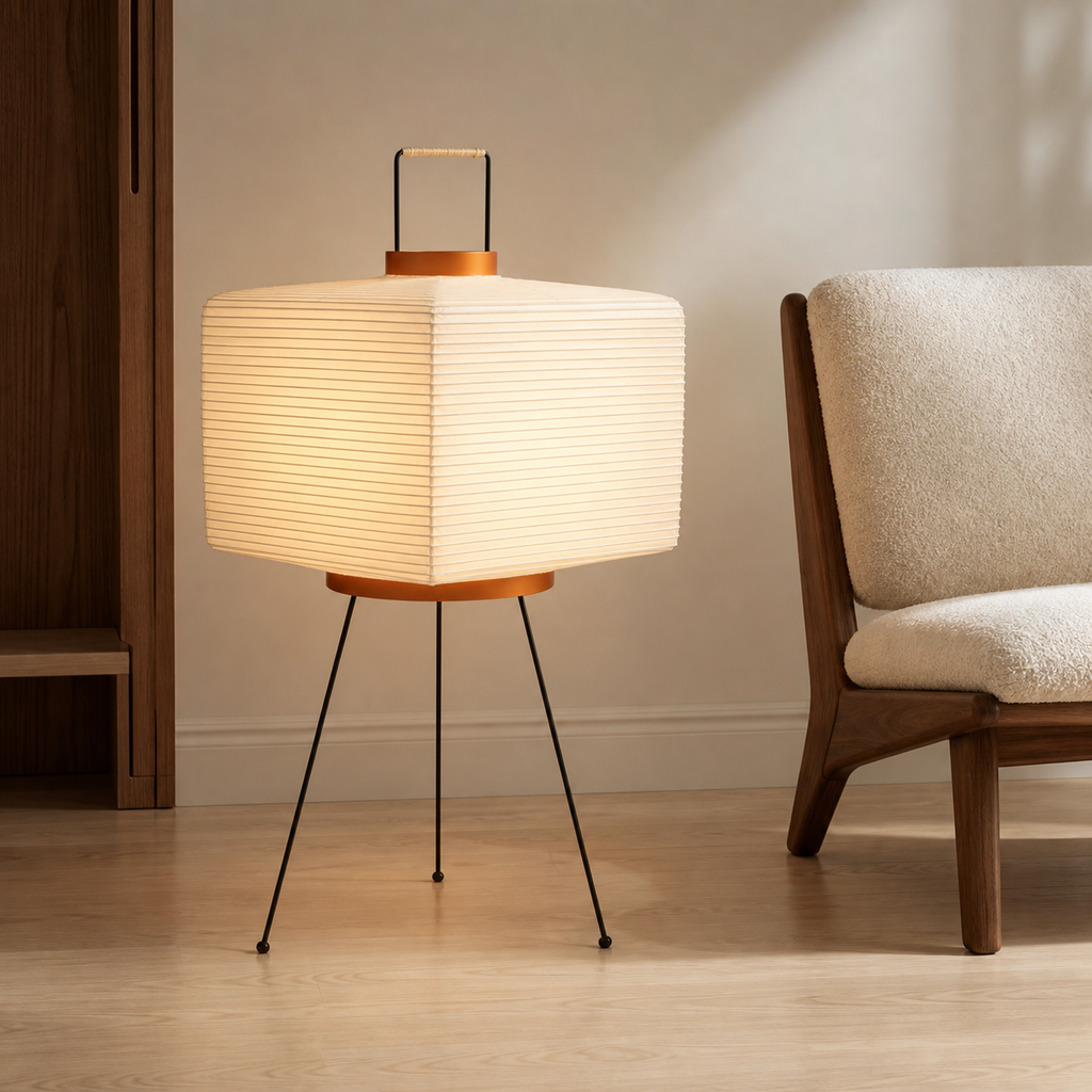 Akari Model 7A Japanese paper lantern floor lamp in a warm Japandi interior
