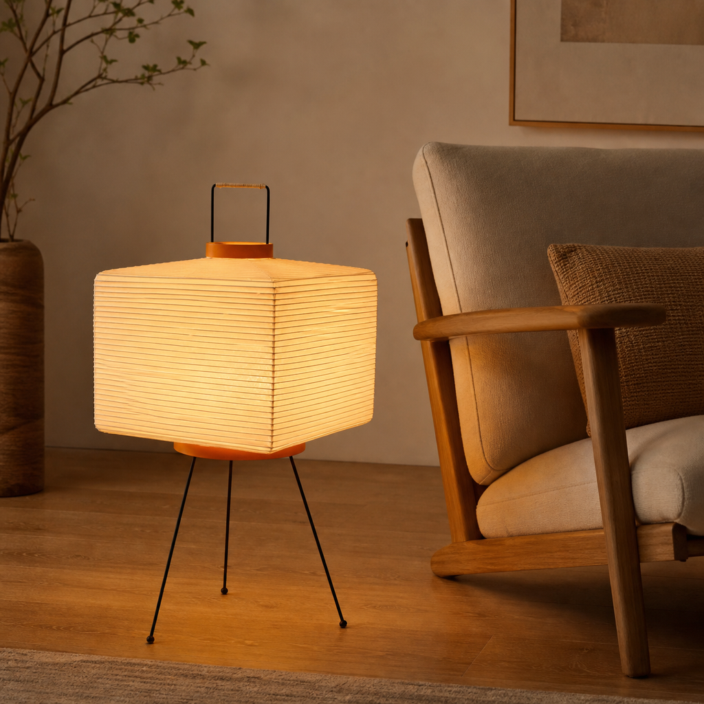 Akari Model 7A Japanese paper lantern floor lamp beside a lounge chair
