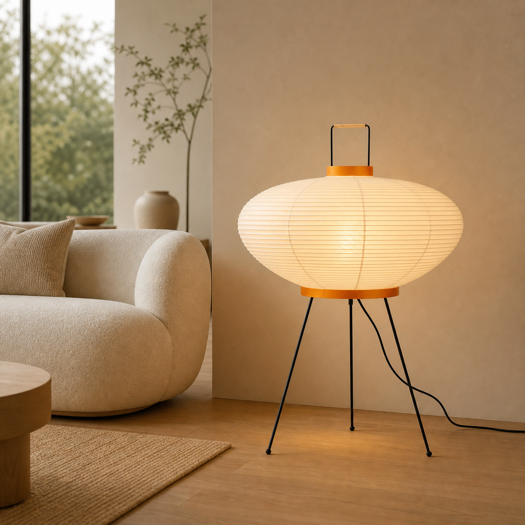 Akari Model 9A Japanese paper lantern floor lamp in a warm Japandi interior