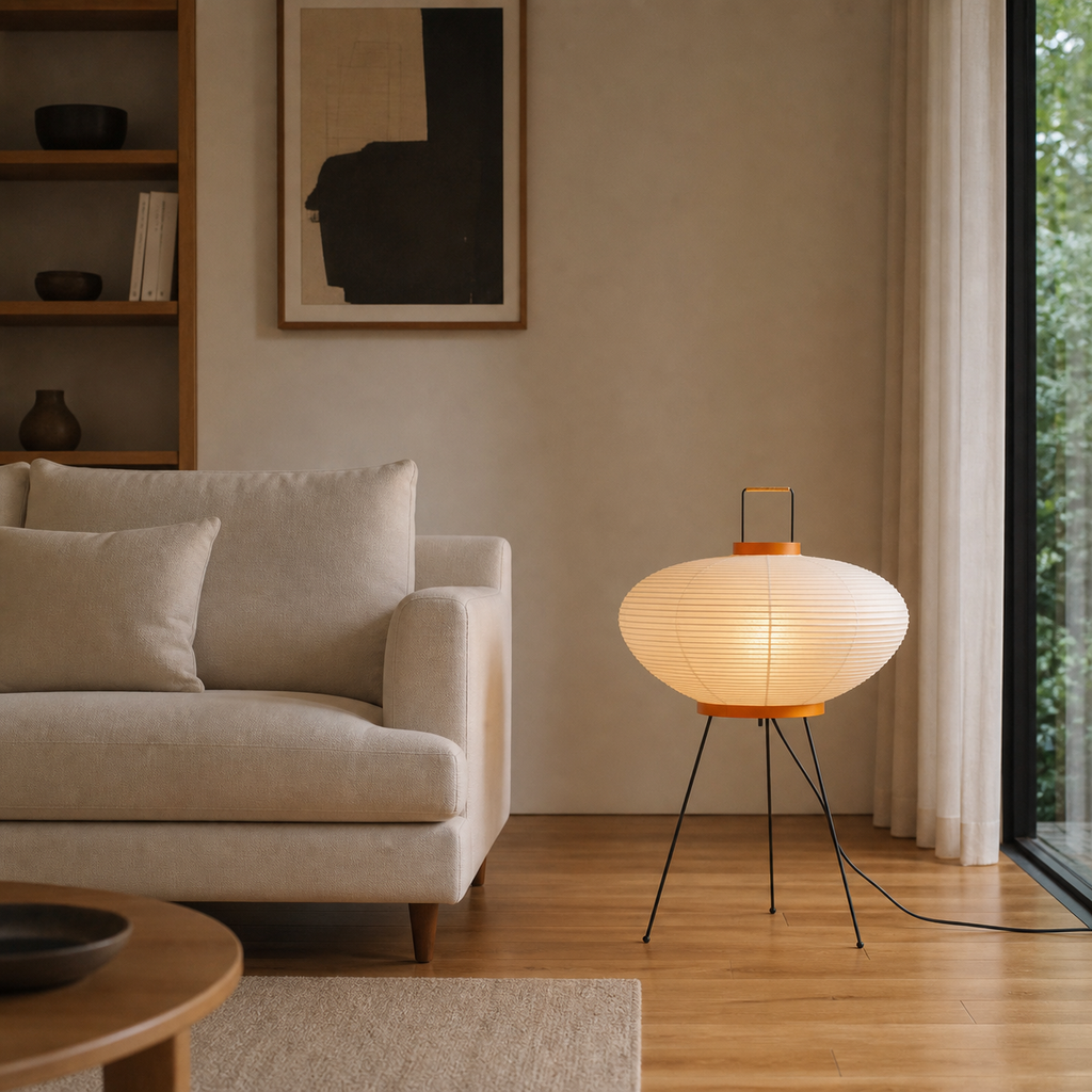 Akari Model 9A Japanese paper lantern floor lamp beside a sofa
