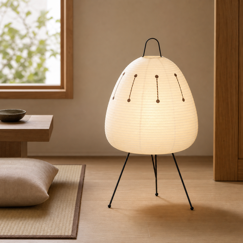 Akari Model A2 Japanese paper lantern floor lamp in a warm Japandi interior