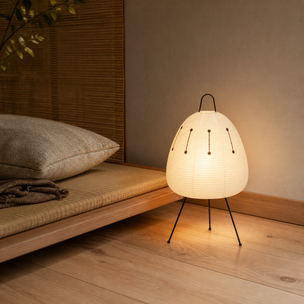 Akari Model A2 Japanese paper lantern floor lamp beside tatami seating