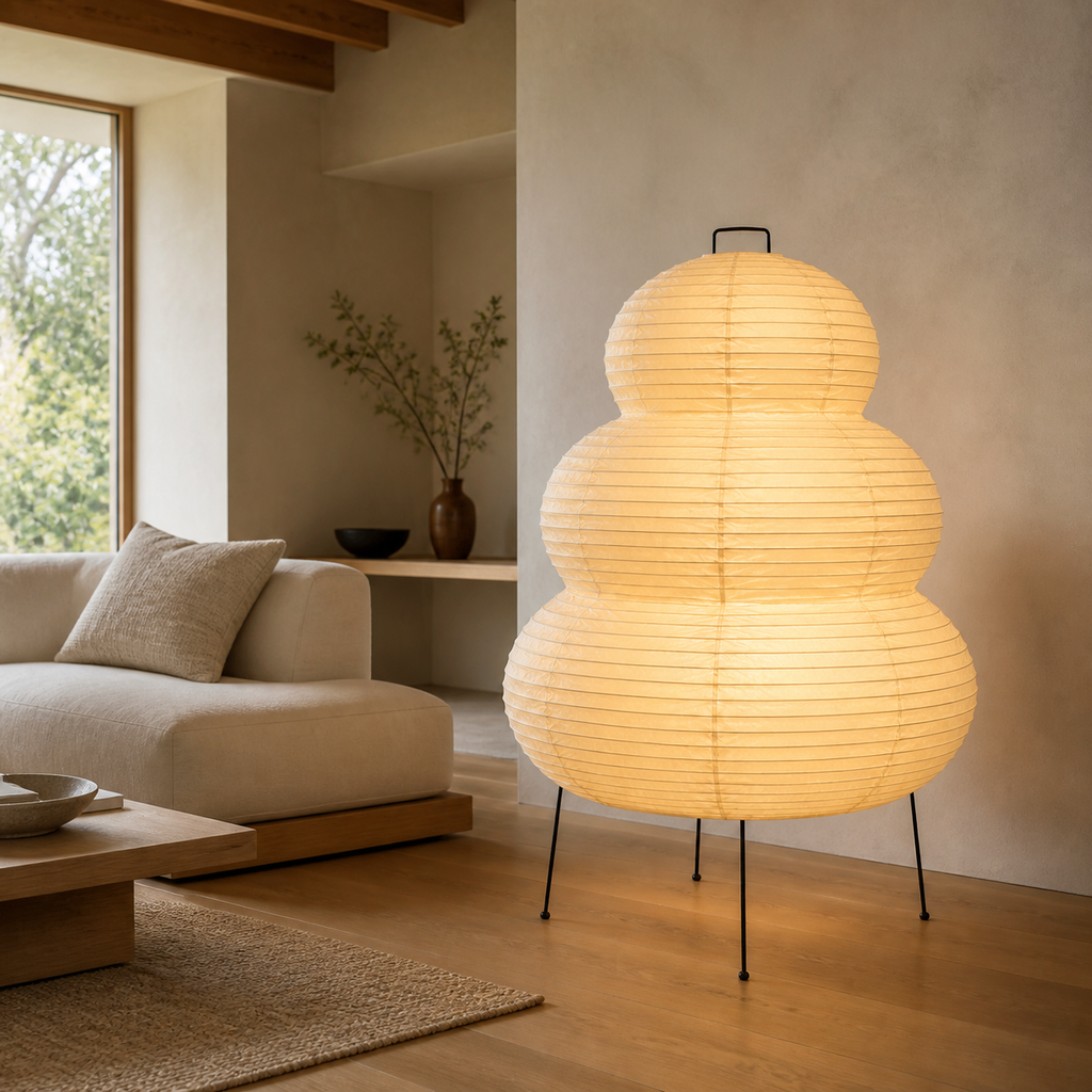 Akari Model B Large Japanese paper lantern floor lamp in a warm Japandi interior