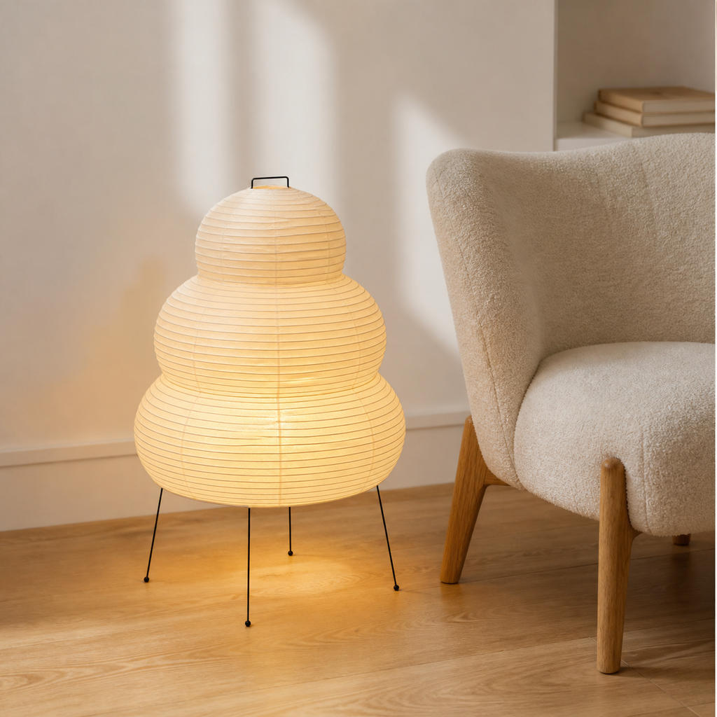 Akari Model B Medium Japanese paper lantern floor lamp in a warm Japandi interior