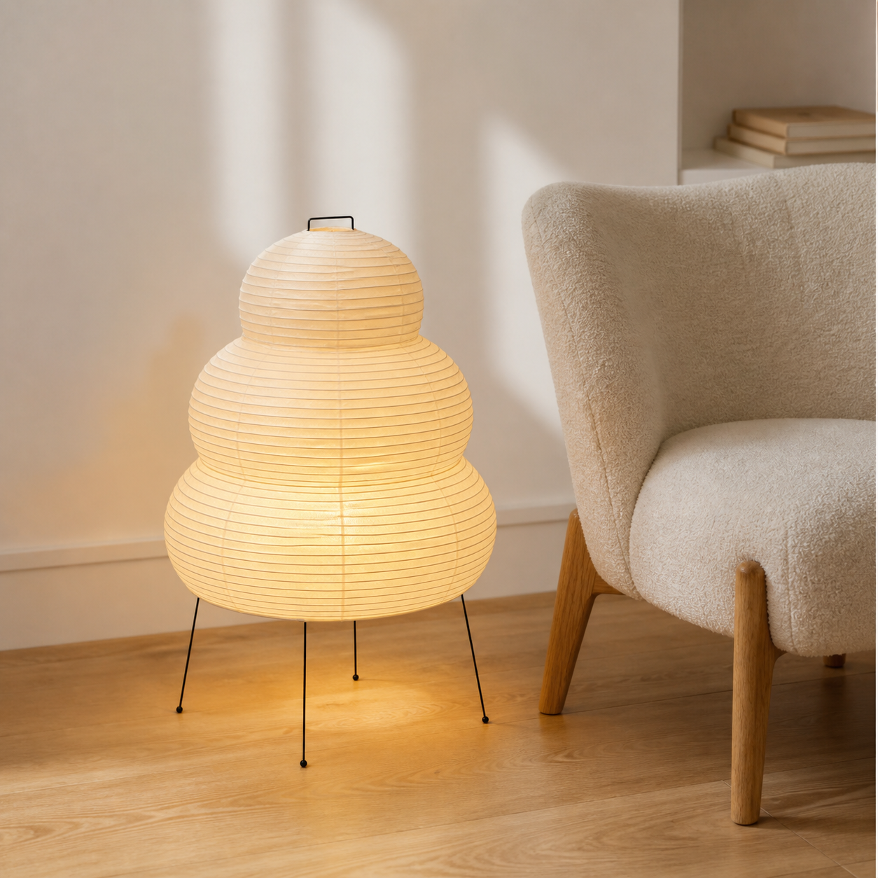 Akari Model B Medium Japanese paper lantern floor lamp in a warm Japandi interior
