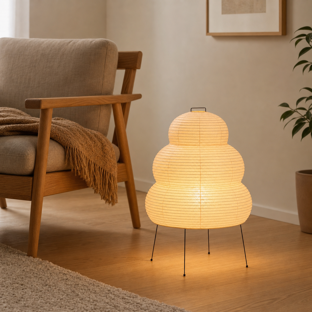 Akari Model B Medium Japanese paper lantern floor lamp beside a reading chair
