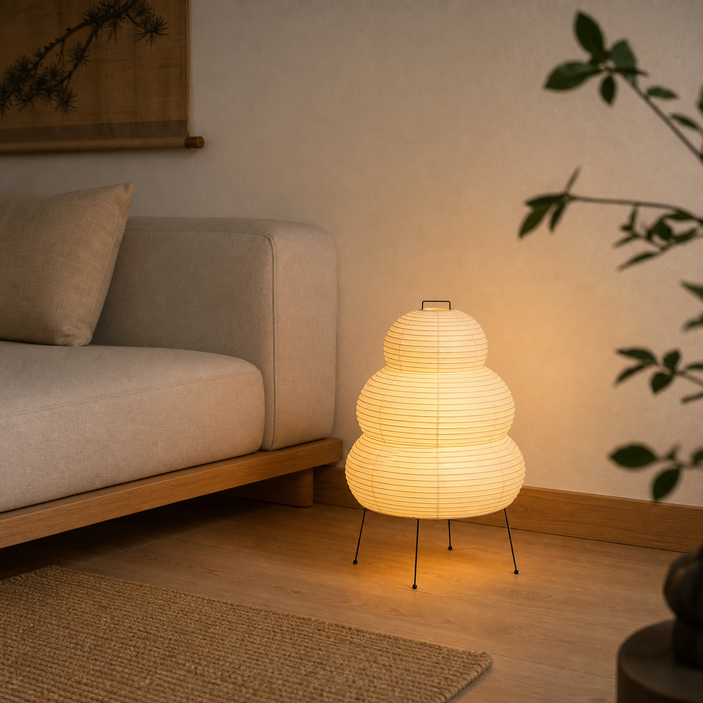 Akari Model B Small Japanese paper lantern floor lamp beside a sofa
