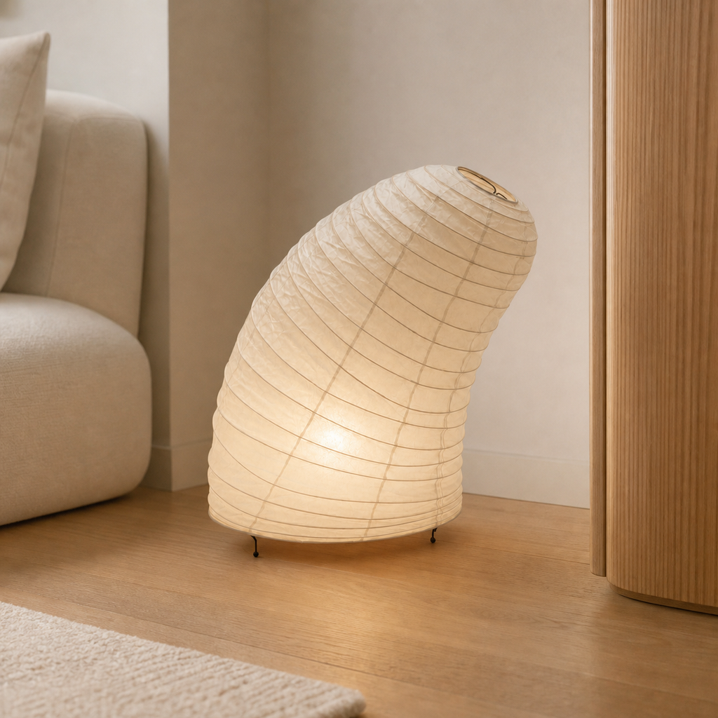 Akari Model C Japanese paper lantern floor lamp in a warm Japandi interior