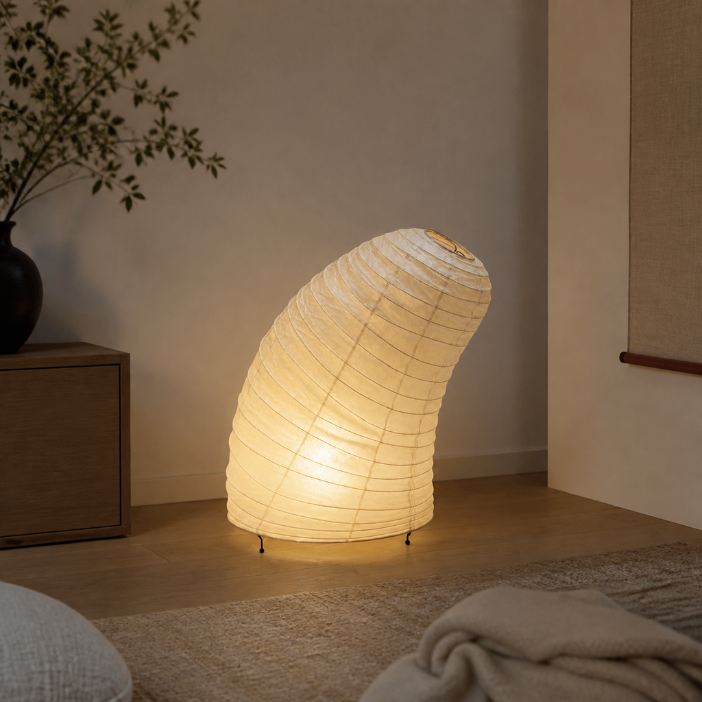 Akari Model C Japanese paper lantern floor lamp in a living room corner